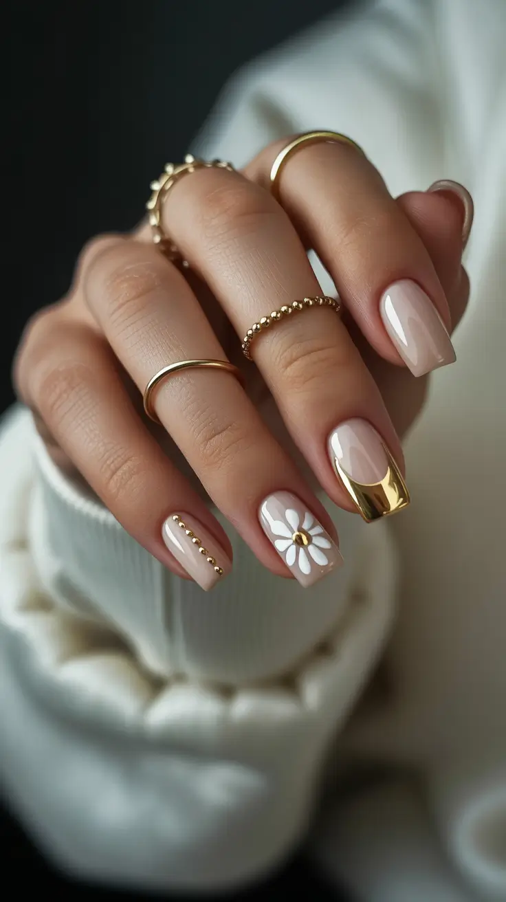 25 summer nail inspo 2026 gel Elegant Nude Square Gel With Daisy And Gold Accent