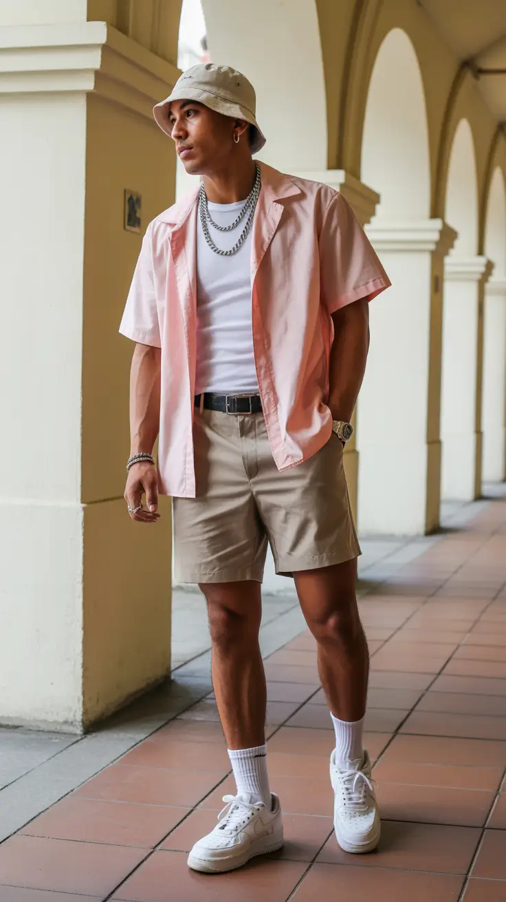 summer outfits fort men 2026 Soft Pink Layers and Modern Street Ease