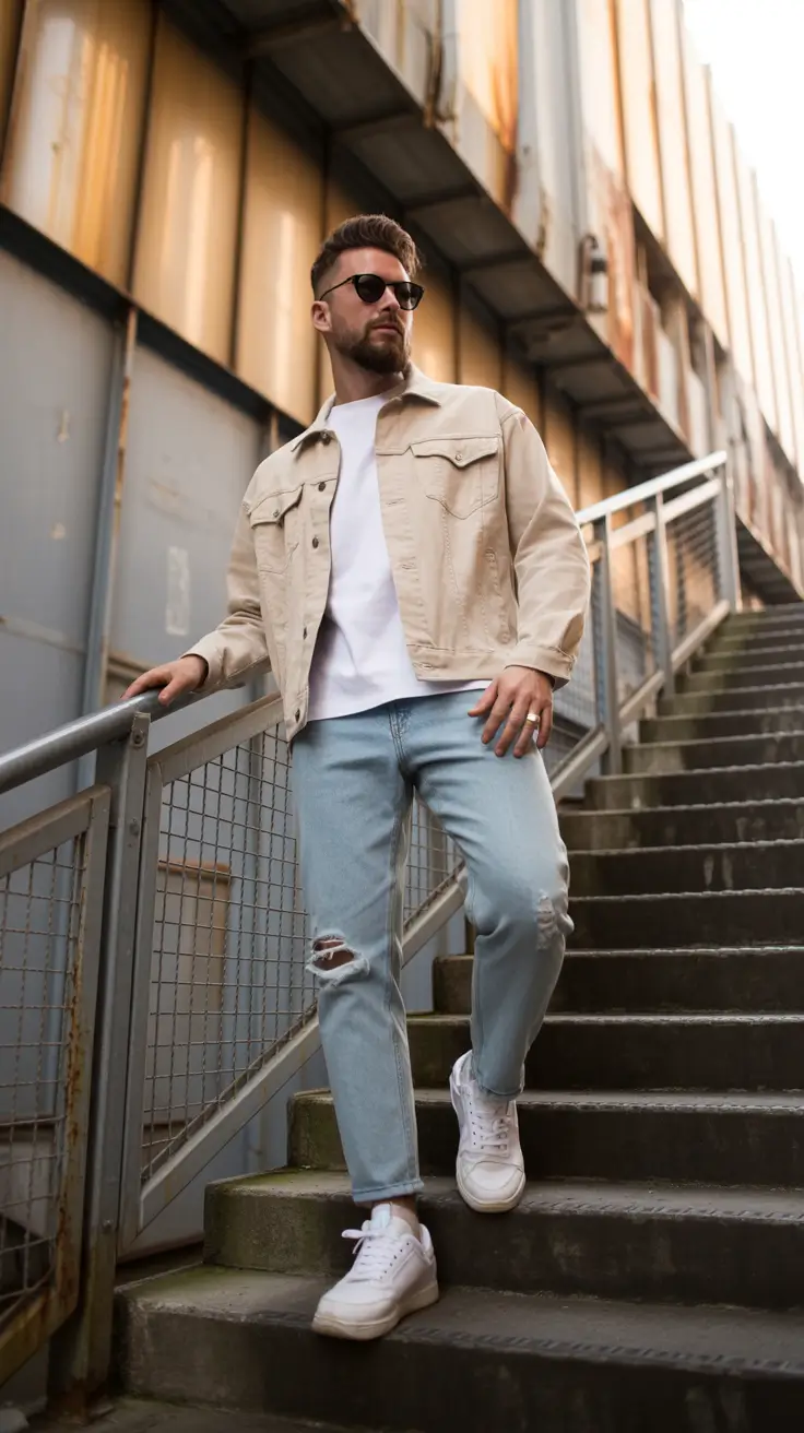 summer outfits fort men 2026 Layered Summer Street Style with Denim and Neutrals