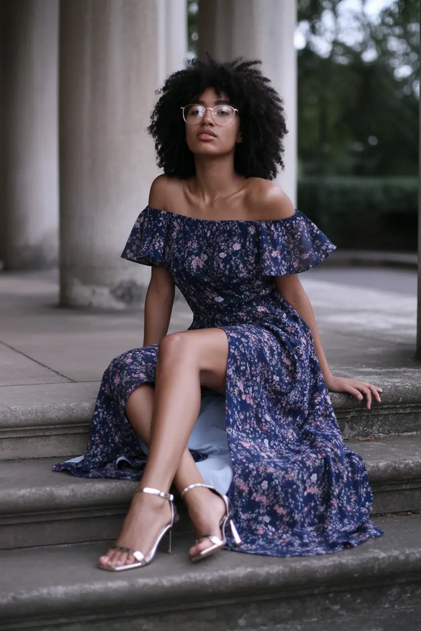summer outfits with sandals for women 2026 Soft Off-Shoulder Florals That Feel Like Summer Evenings