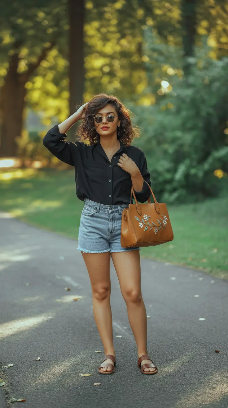 summer outfits with sandals for women 2026 Black Shirt and Denim Shorts for That Subtle Baddie Energy