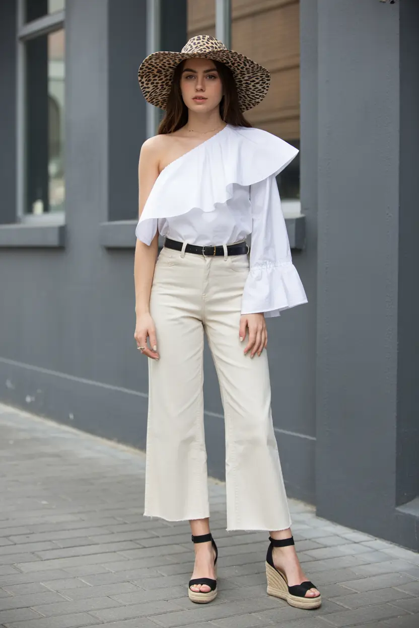 summer outfits with sandals for women 2026 Statement One-Shoulder Blouse with Tailored Pants for Modern Elegance