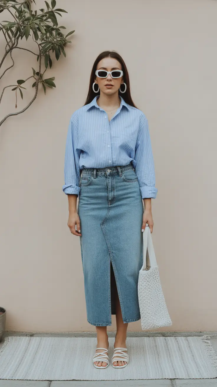 summer outfits with sandals for women 2026 Denim Midi Skirt with Button-Down for Clean Everyday Style