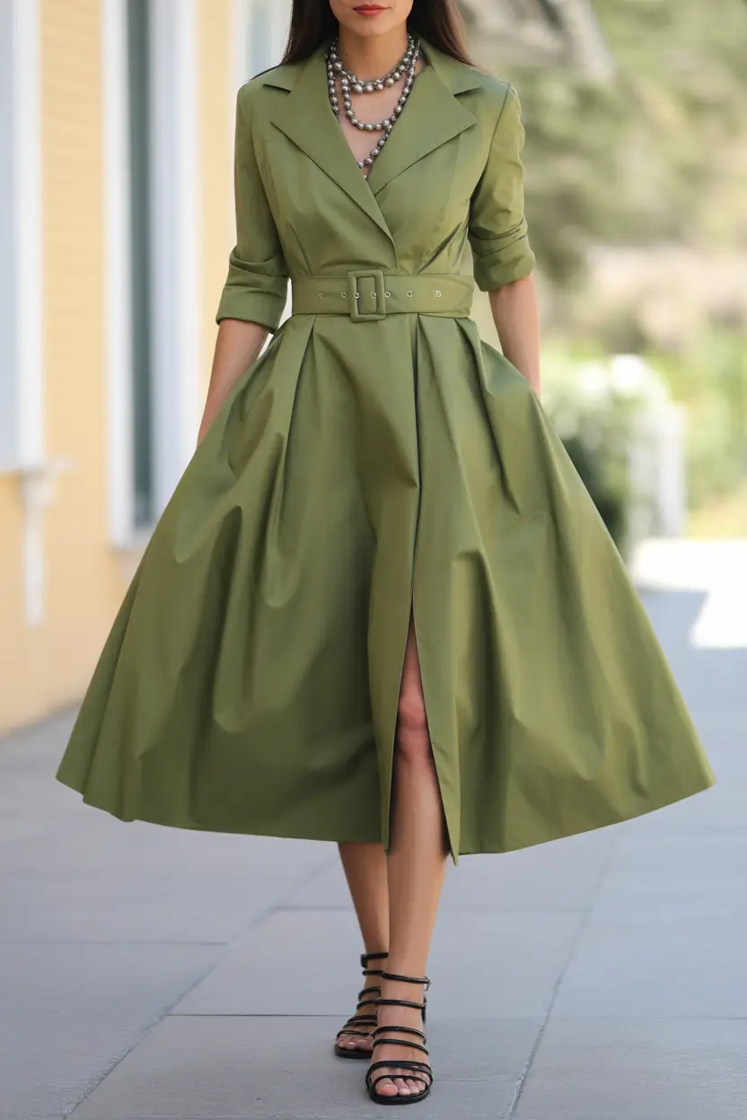 summer outfits with sandals for women 2026 Structured Olive Dress That Blends Classic and Modern