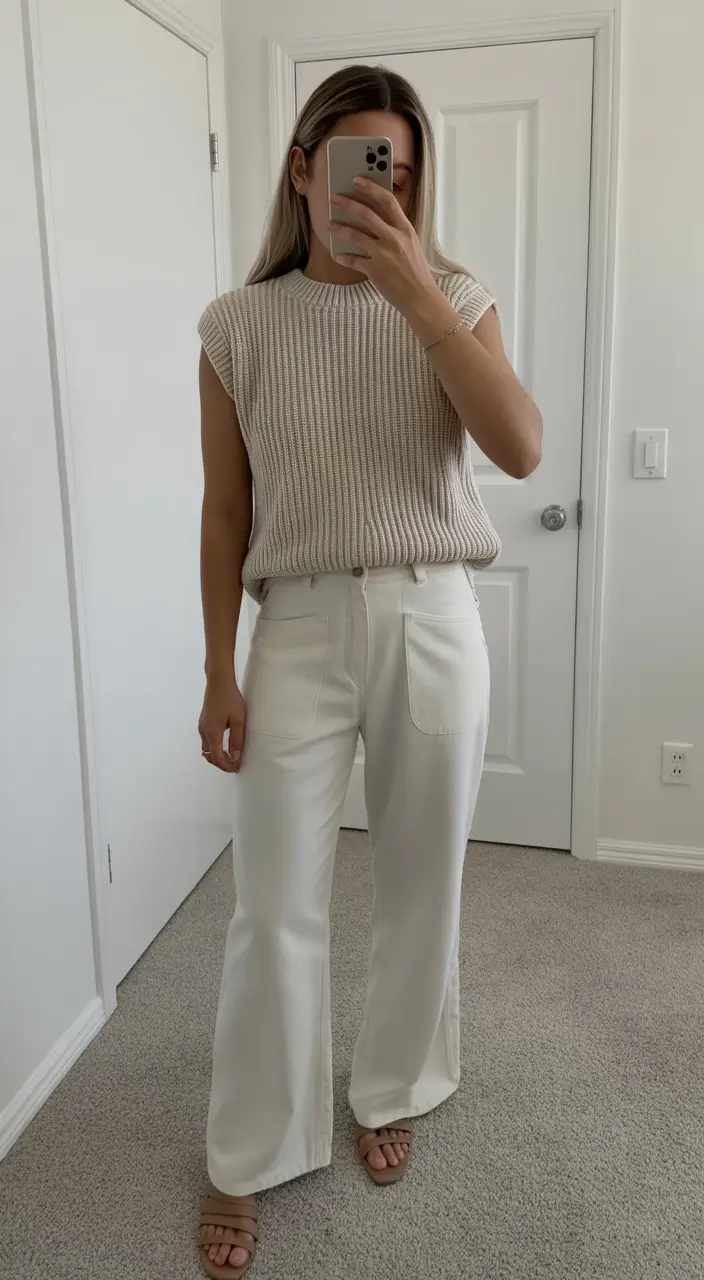 summer outfits with sandals for women 2026 Neutral Knit Top with Wide-Leg Pants for Calm Minimalism