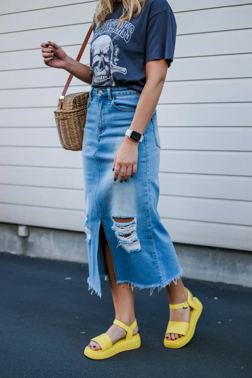 summer outfits with sandals for women 2026 Denim Midi Skirt and Graphic Tee for Everyday Cool