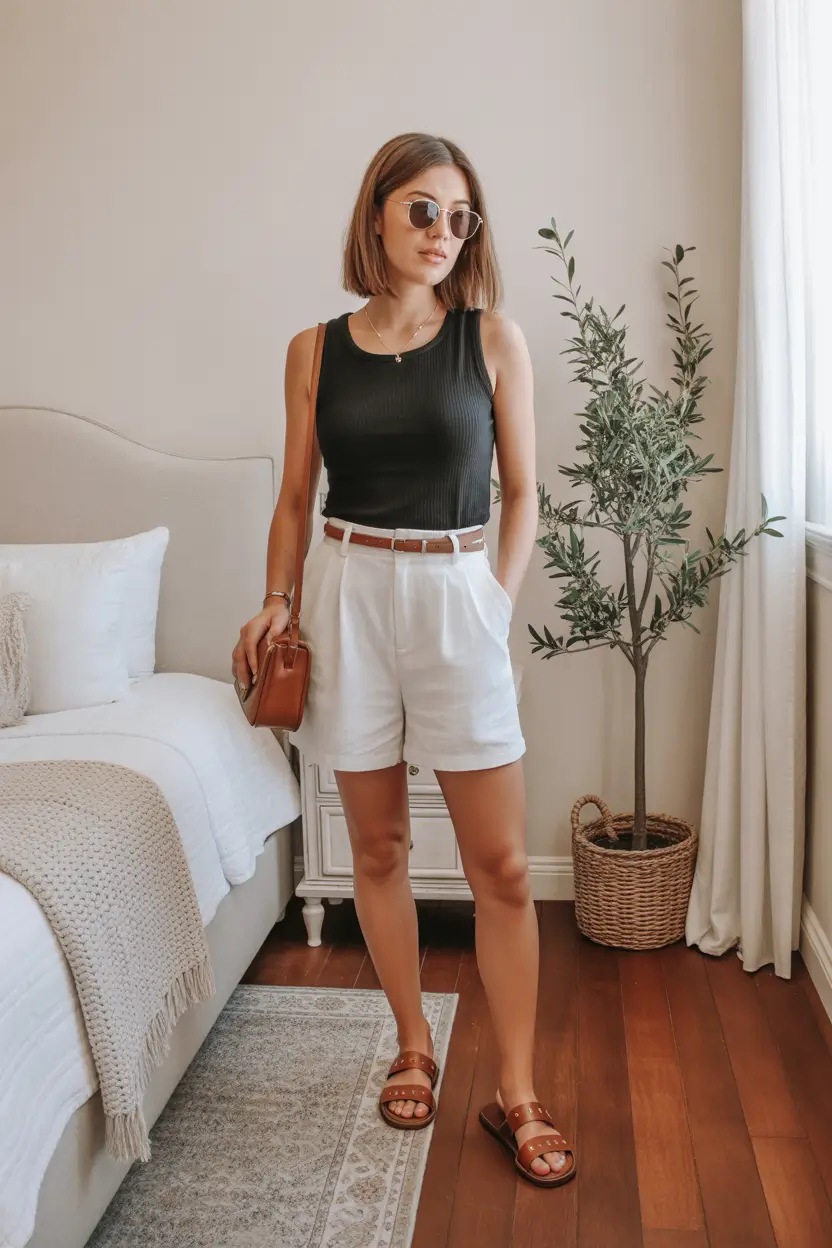 summer outfits with sandals for women 2026 Minimal Tank and Tailored Shorts for Everyday Ease