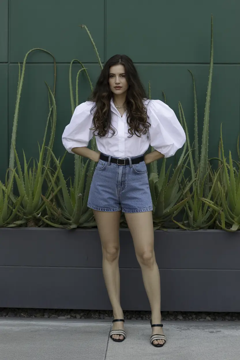 summer outfits with sandals for women 2026 Crisp White Shirt with Denim Shorts for Modern Balance