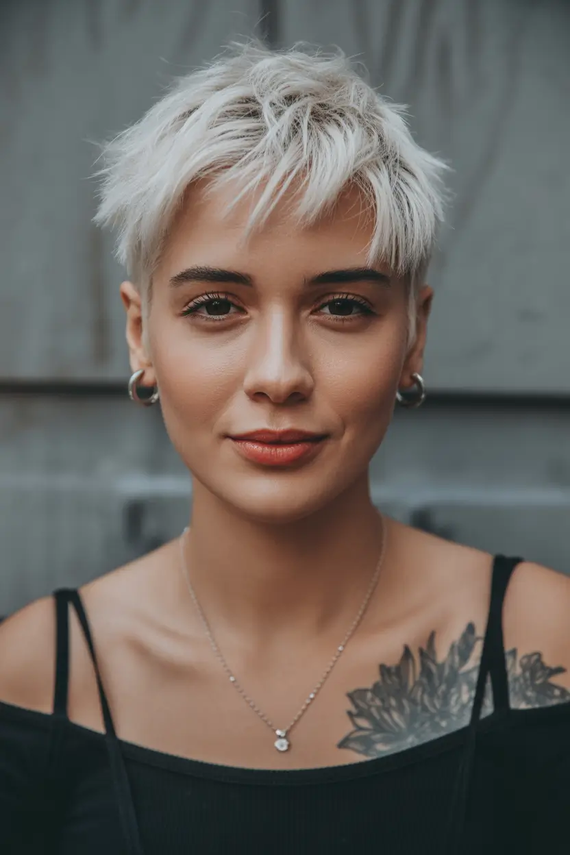 summer short haircut ideas 2026 Choppy Platinum Pixie With Piecey Layers