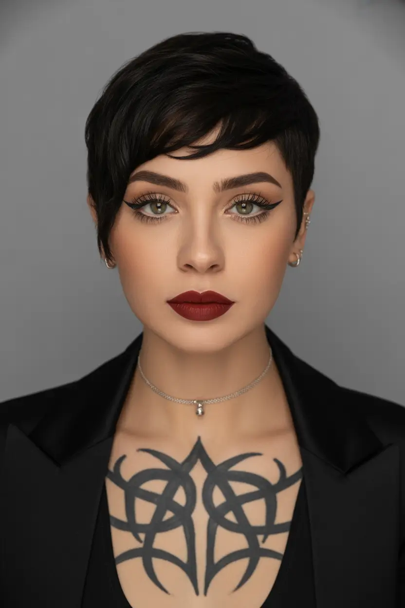 summer short haircut ideas 2026 Classic Dark Pixie With Side-Swept Bangs