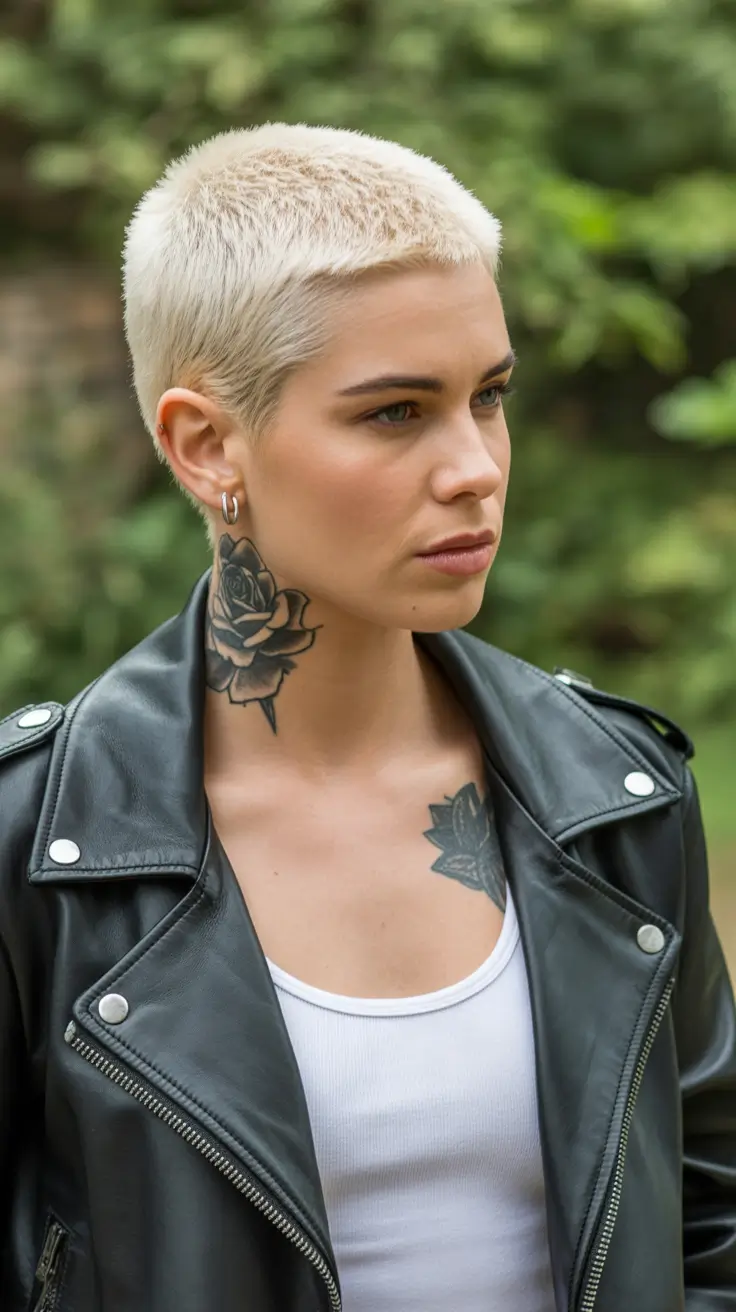 summer short haircut ideas 2026 Soft Platinum Buzz With Effortless Edge