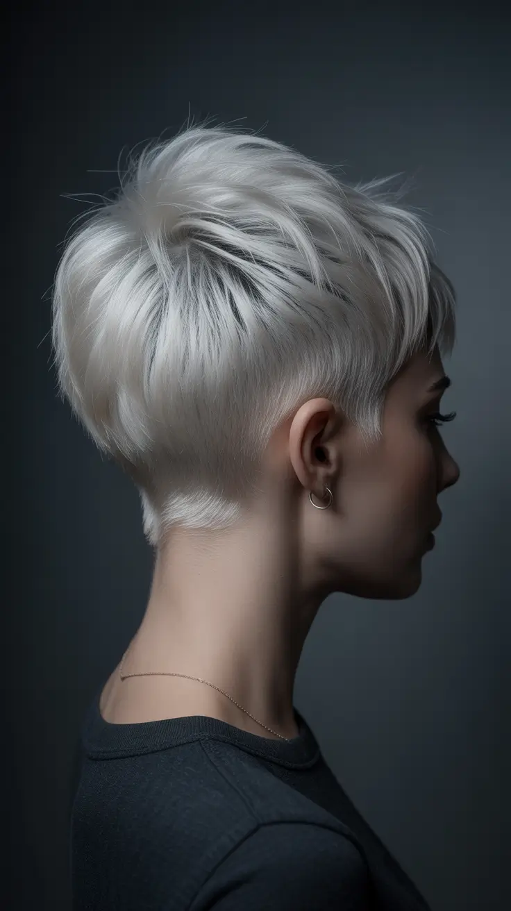 summer short haircut ideas 2026 Layered Silver Pixie With Tapered Nape