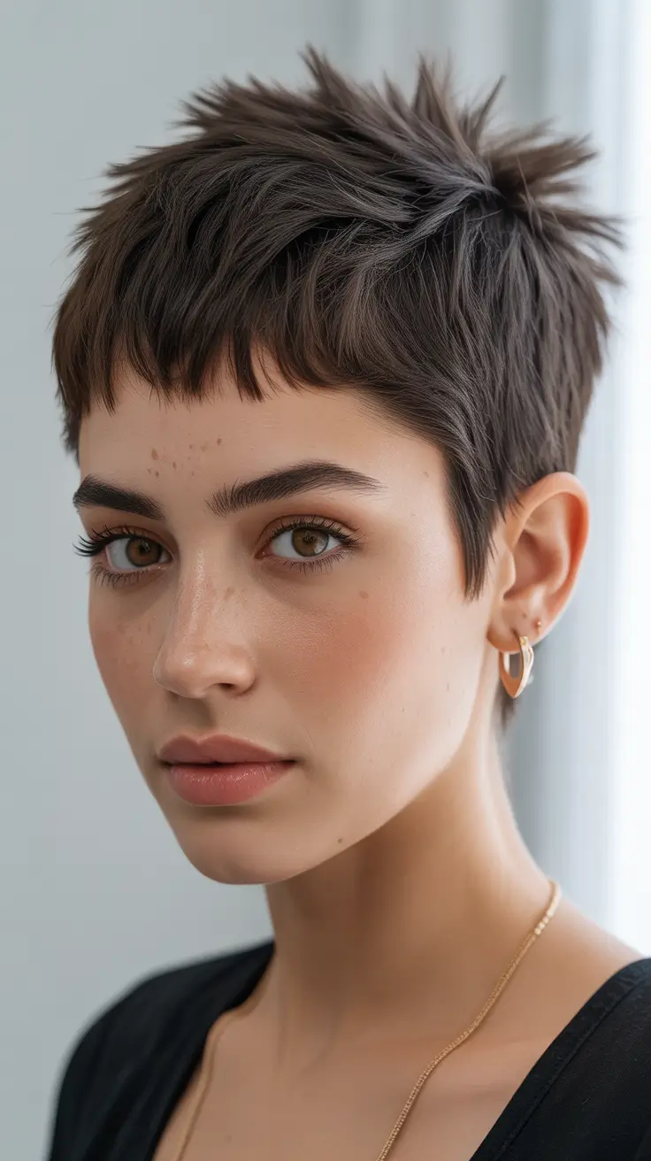 summer short haircut ideas 2026 Textured Brunette Pixie With Micro Fringe