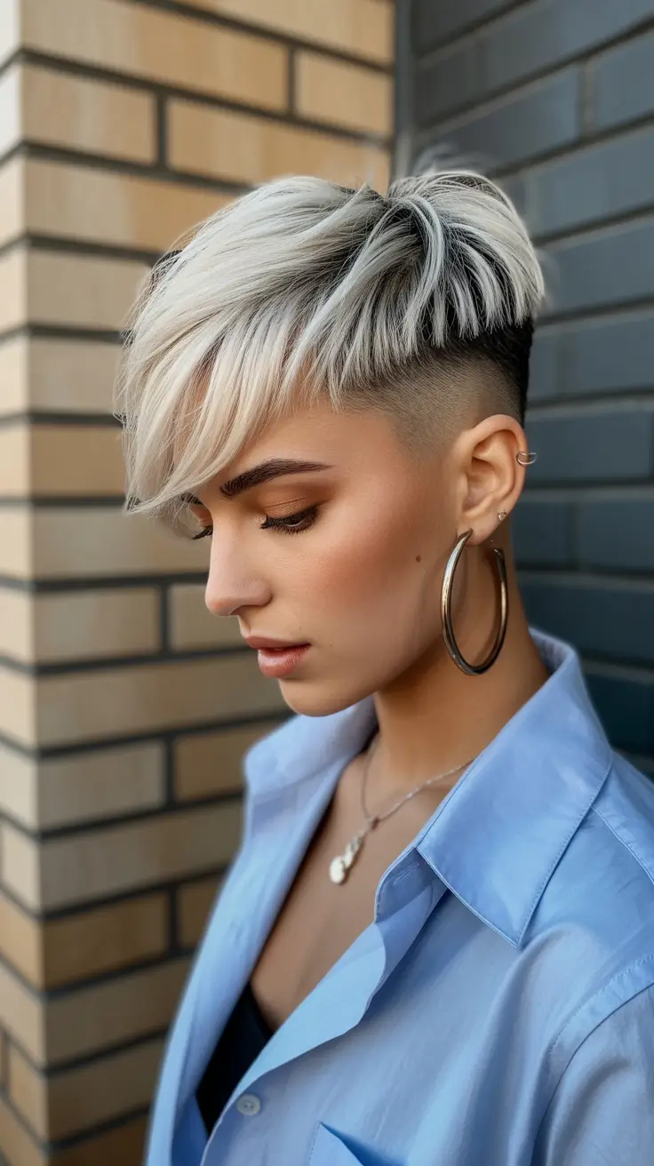 summer short haircut ideas 2026 Silver Undercut With Long Side Fringe