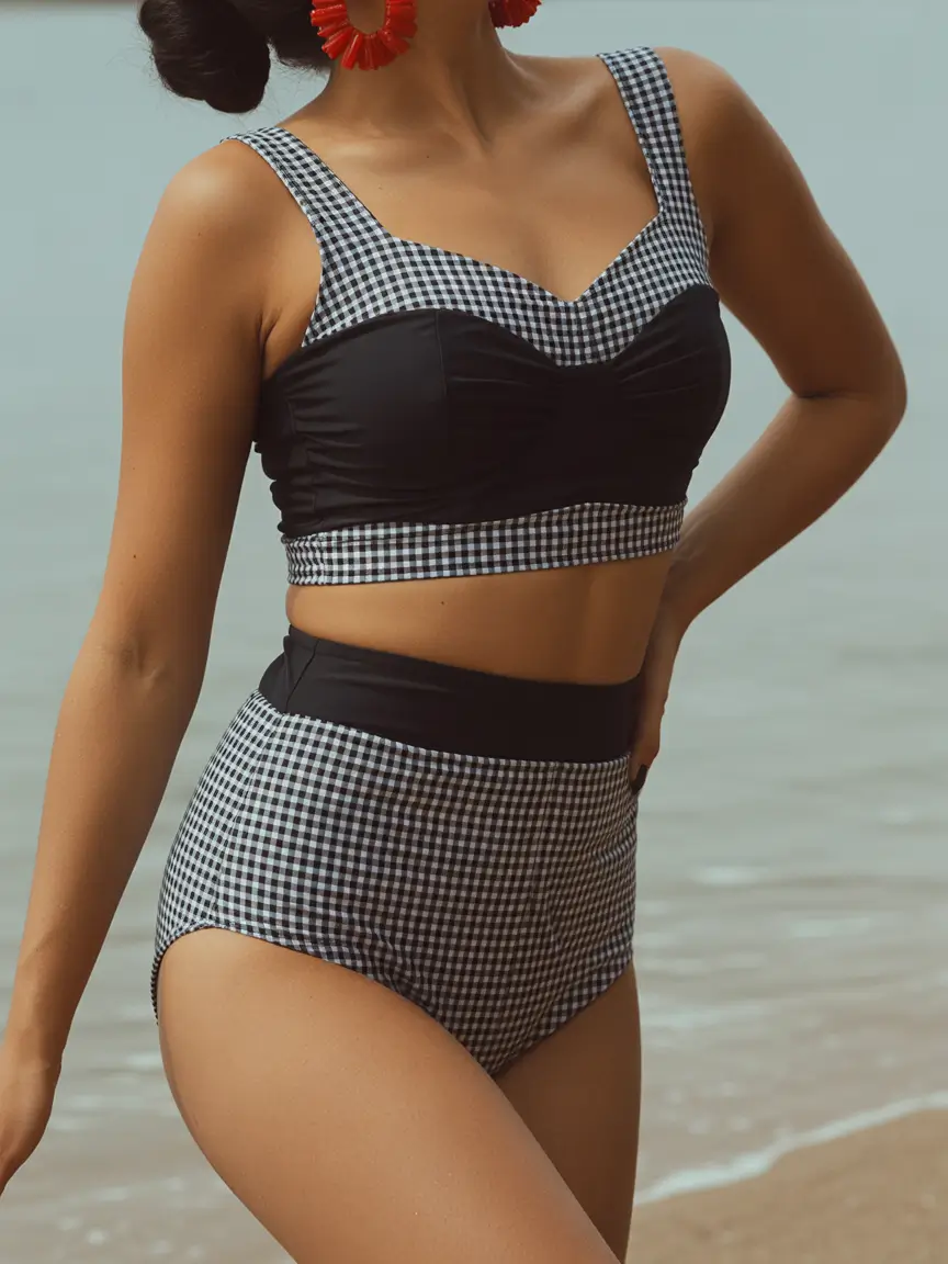 two piece swimsuit ideas summer 2026 beach Retro Gingham With A Modern High Waist