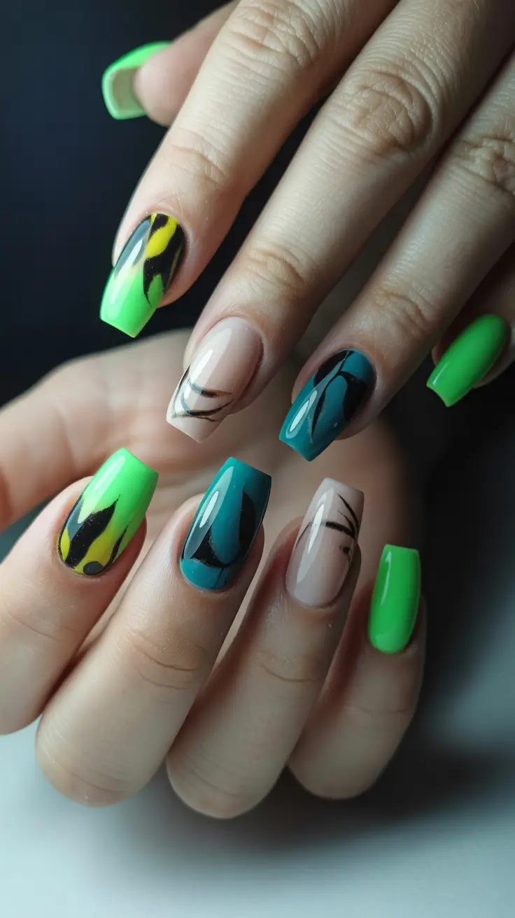 spring long nails Neon Green Abstract Energy for Bold Spring Long Nails