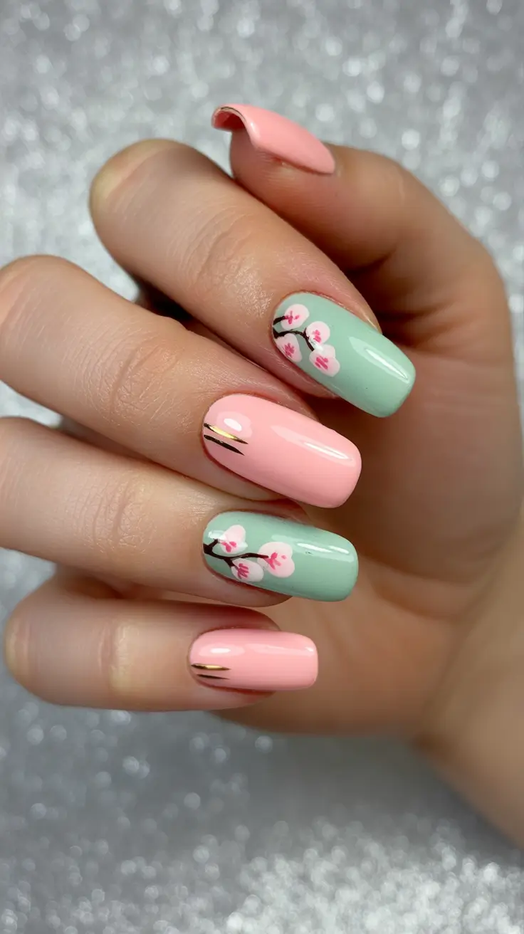 spring long nails Soft Cherry Blossom Spring Long Nails with Pastel Green and Pink