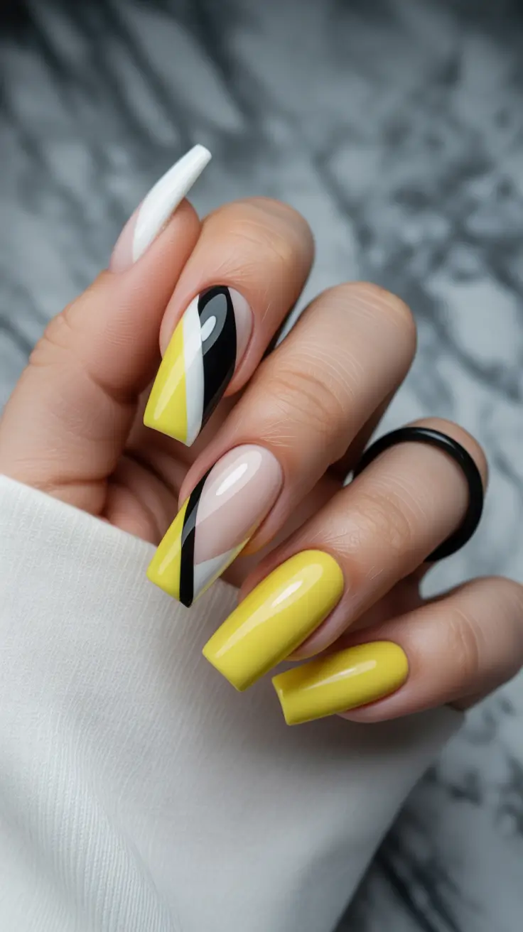spring long nails Graphic Yellow and Black Geometric Spring Nail Designs
