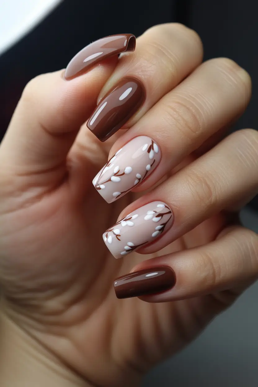 spring long nails Elegant Chocolate Floral Nails with Minimal Spring Art