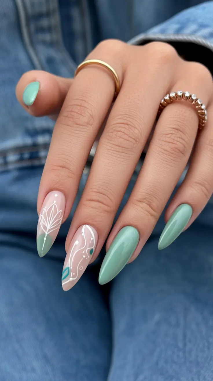 spring long nails Minimal Sage Green Spring Nails with Botanical Line Art