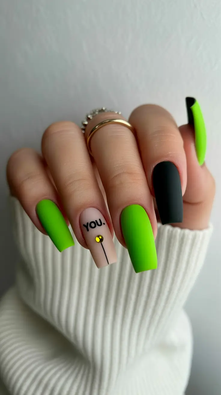 spring long nails Electric Green and Matte Black Spring Long Nails with Minimal Accent Art