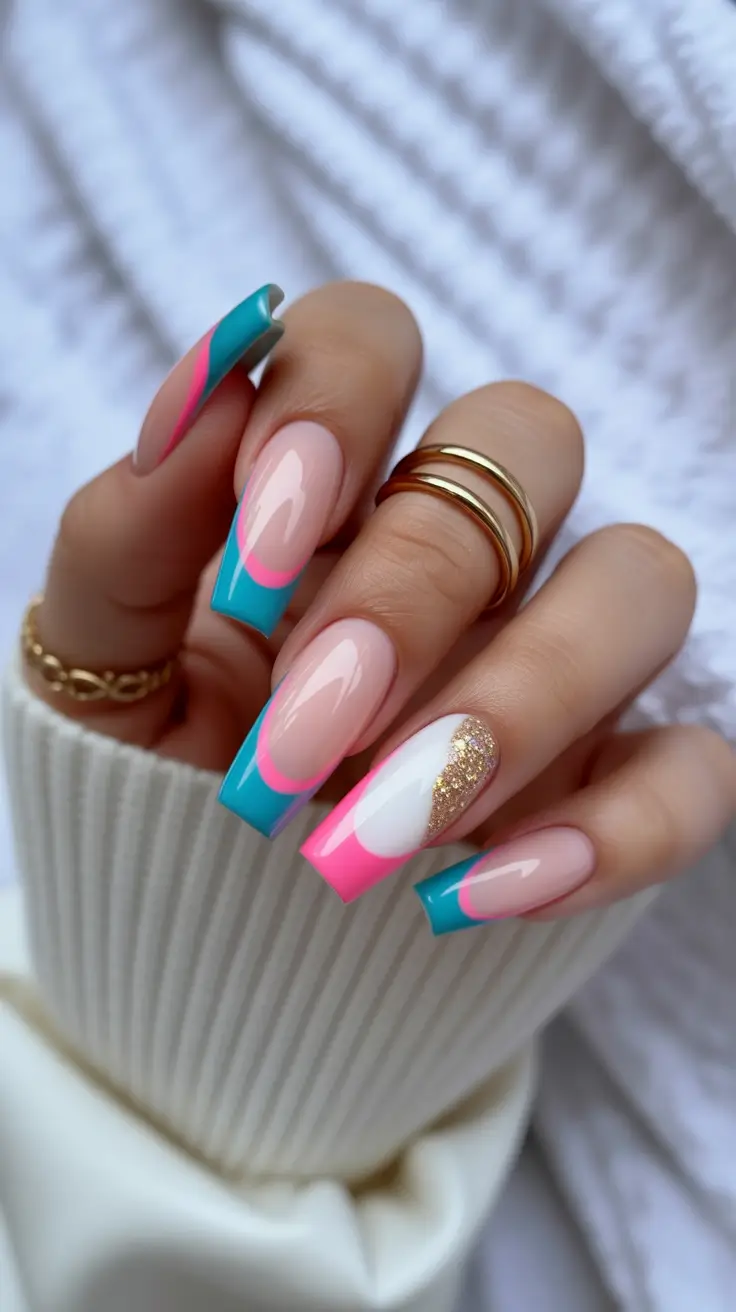 spring long nails Turquoise and Pink Modern French Tips with Gold Accent