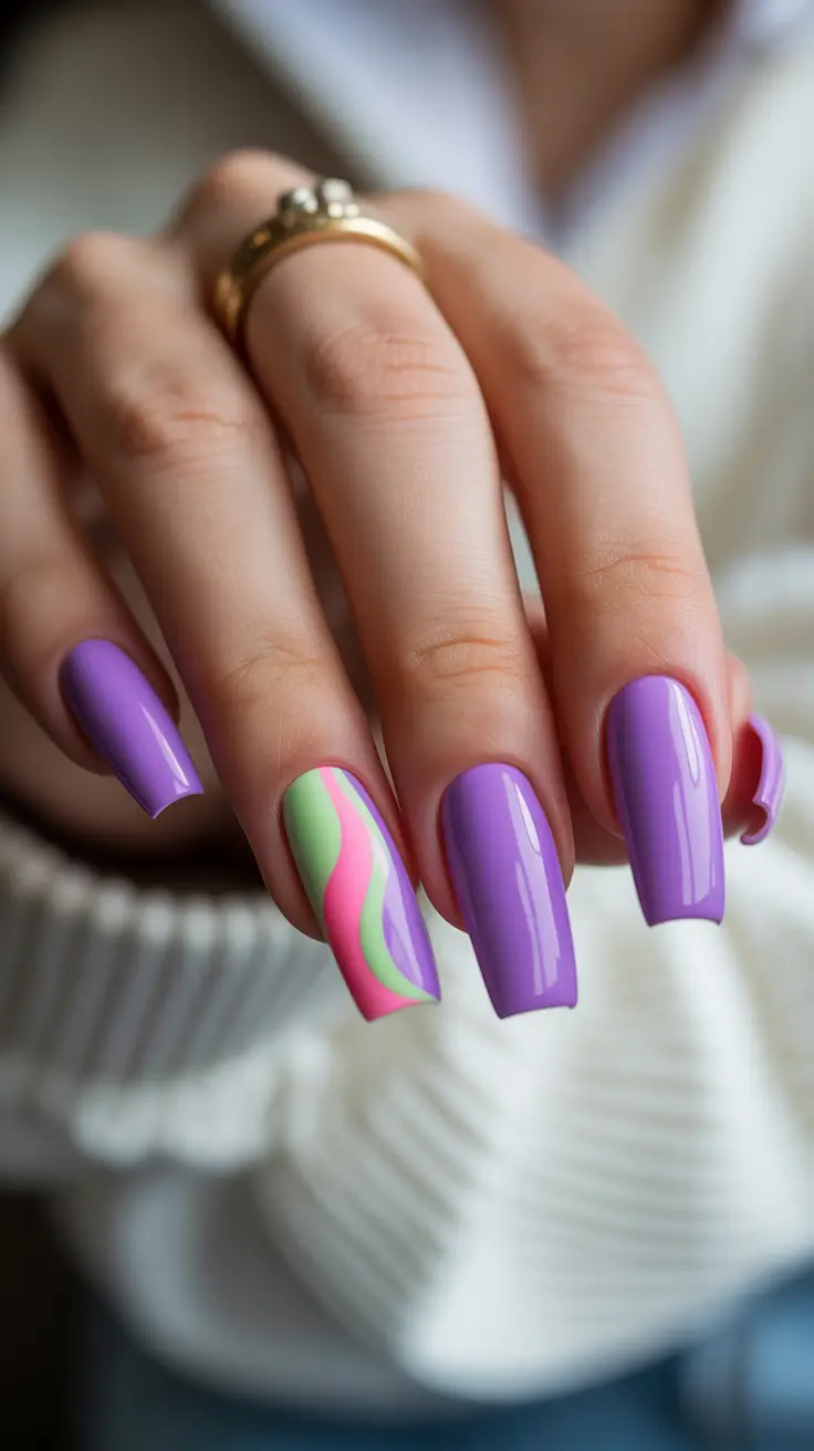 spring long nails Lavender Spring Long Nails with Playful Pastel Wave Art