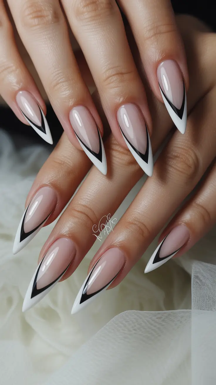spring long nails Sharp Graphic French with a Modern Black and White Twist