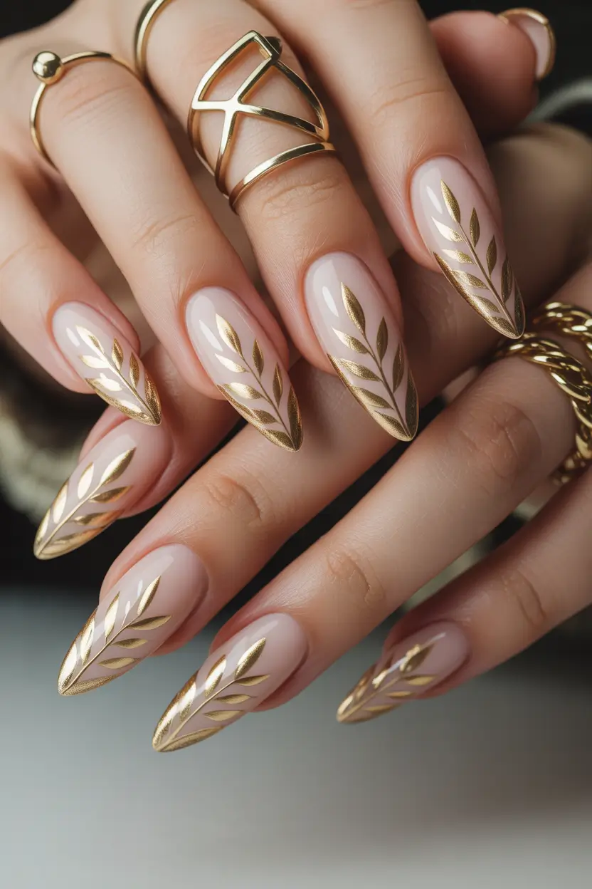 spring long nails Elegant Nude Almond Nails with Metallic Gold Botanical Art