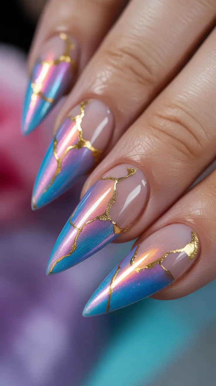 spring long nails Chrome Pastel Stiletto Nails with Golden Vein Details
