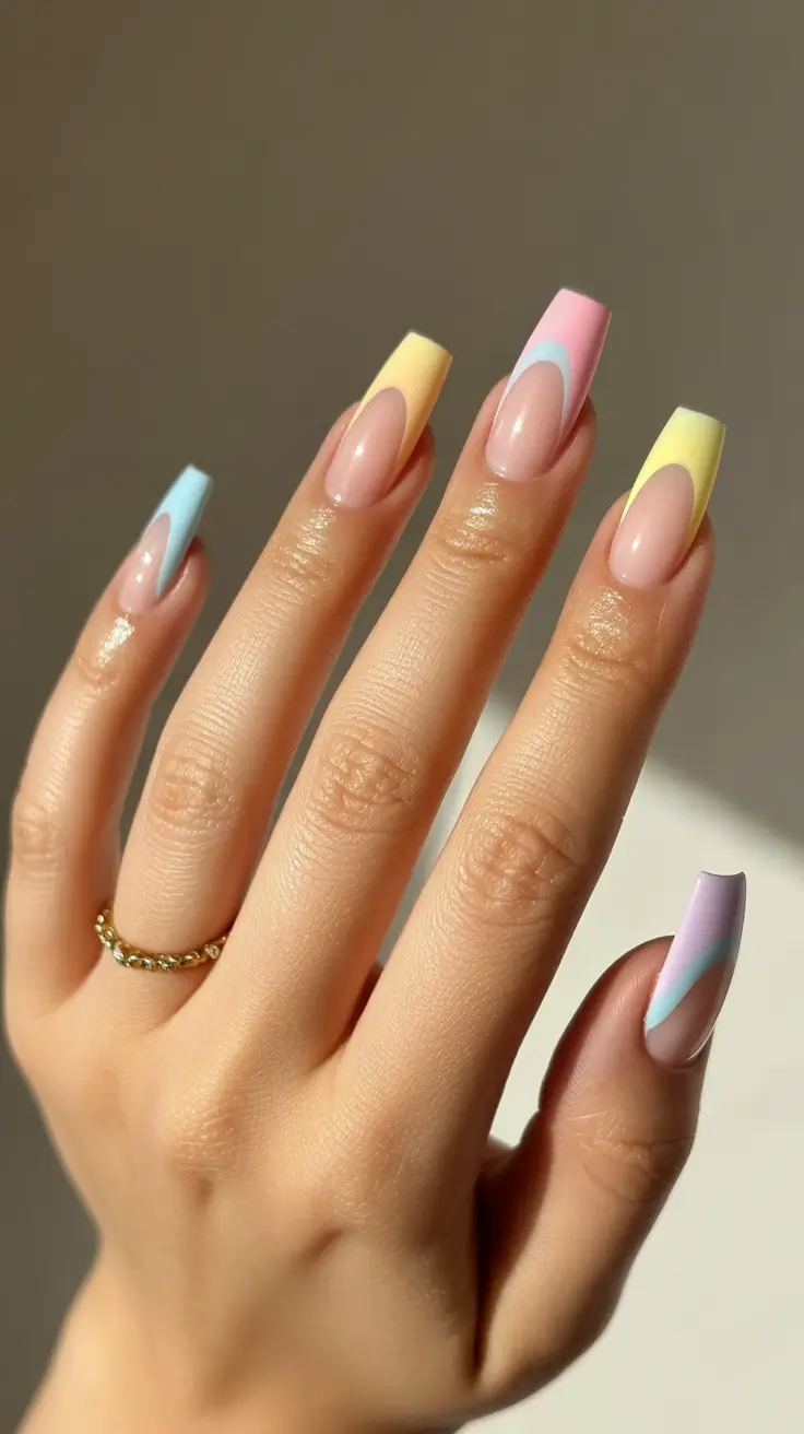 spring long nails Soft Pastel Color Block French for Playful Spring Energy