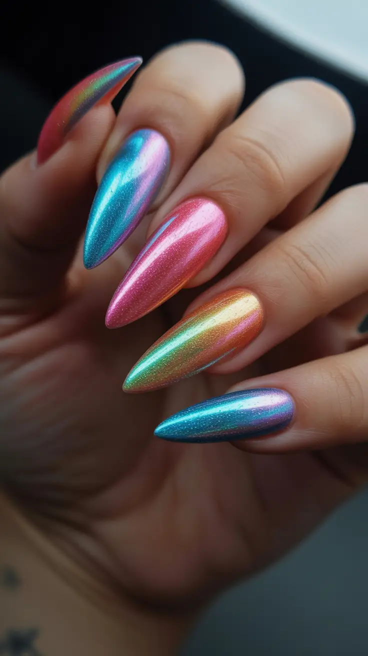 spring long nails Rainbow Chrome Stiletto Nails with Iridescent Shine