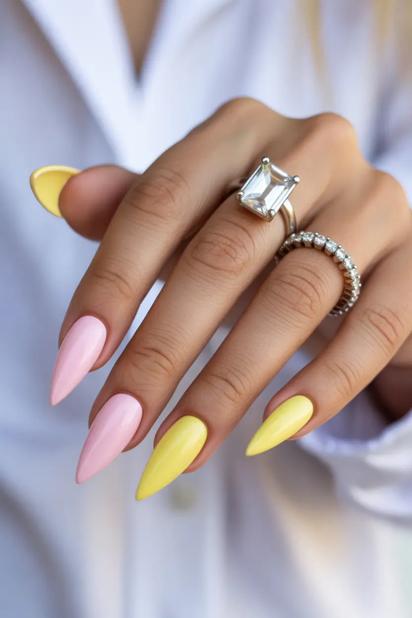 spring long nails Soft Pink and Lemon Alternating Almond Nails
