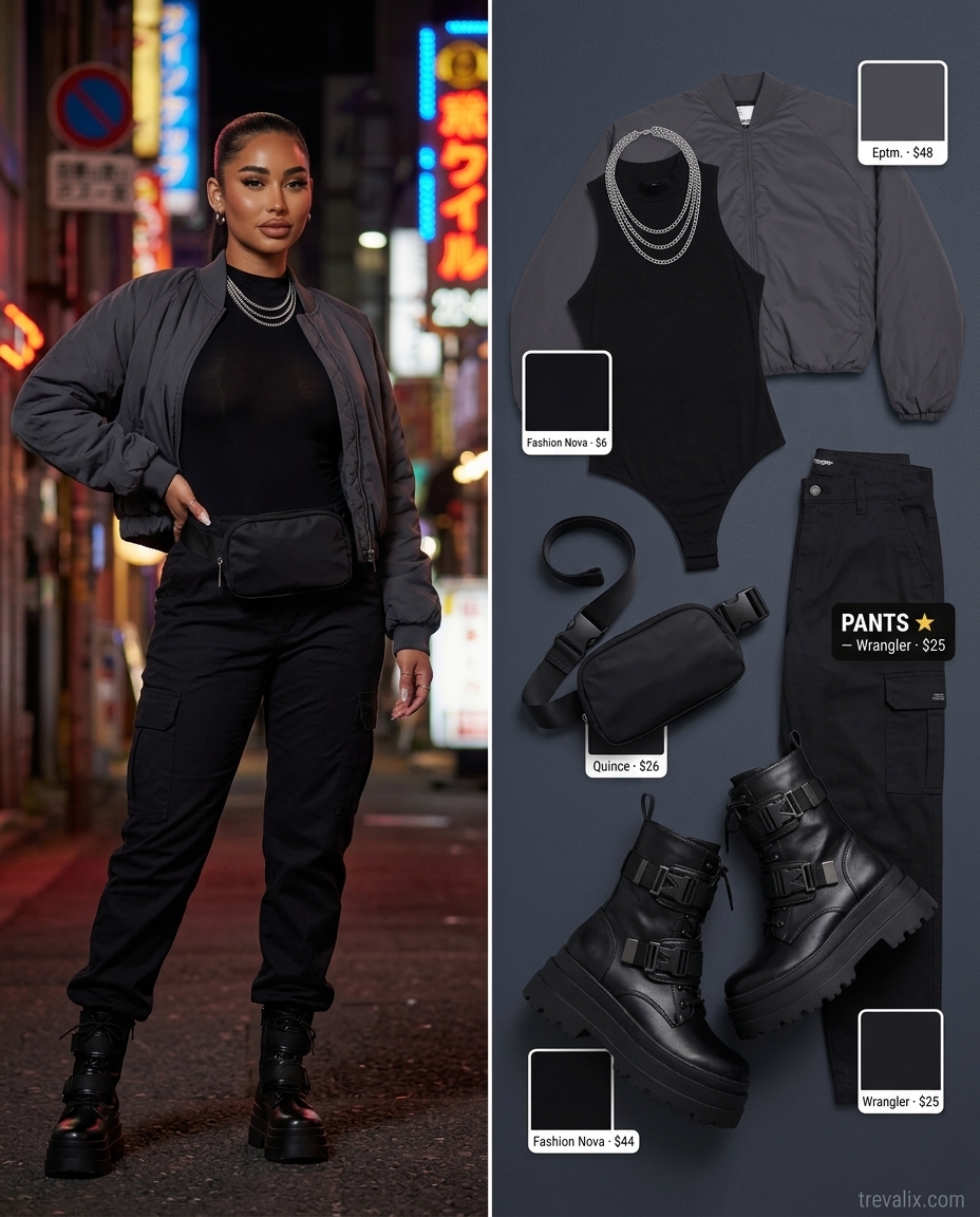 All black summer night outfits 2026: Cargo pants, bodysuit, bomber jacket, combat boots, and belt bag.