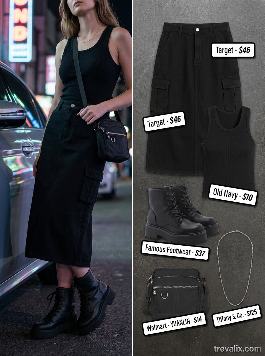 All black summer night outfits 2026: Cargo midi skirt with ribbed tank, combat boots, and crossbody bag.