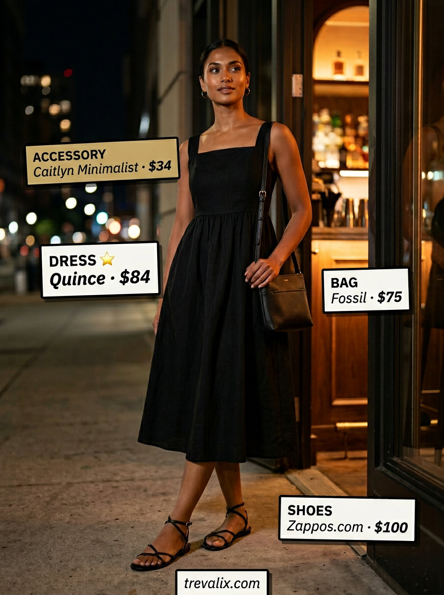 All black summer night outfits 2026: Chic linen midi dress, minimalist sandals, crossbody bag, and gold hoop earrings for a relaxed dinner.