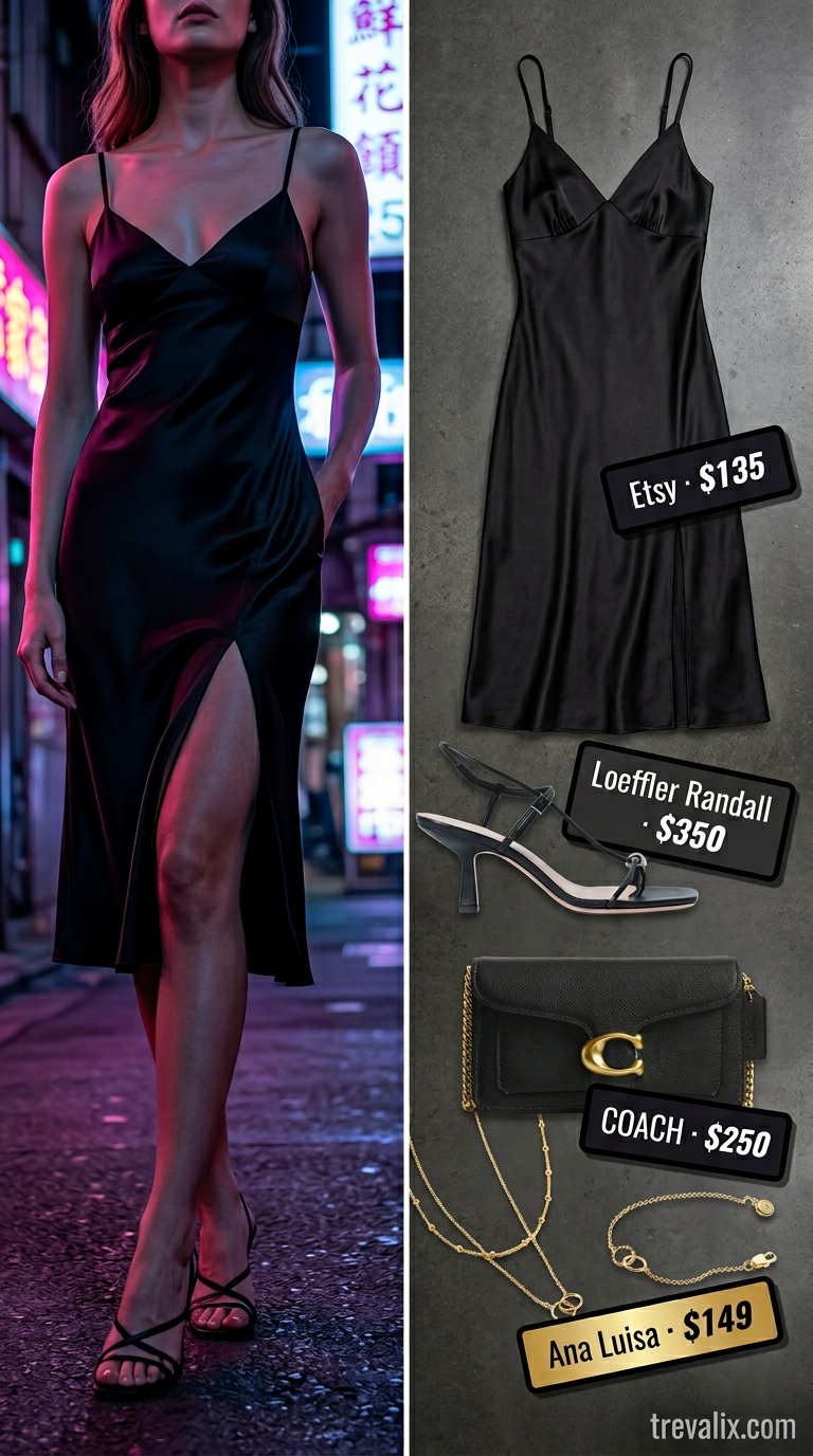 All black summer night outfits 2026: Silk slip midi dress with gold jewelry, chain crossbody, and heeled sandals.