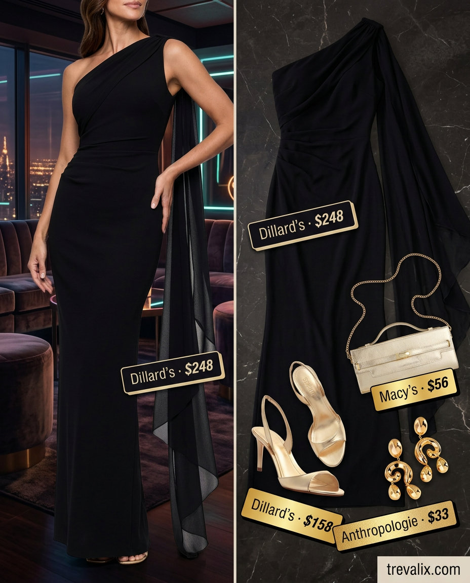 All black summer night outfits 2026: Dramatic one-shoulder maxi dress, gold sandals, metallic clutch, and statement gold earrings for a formal event.
