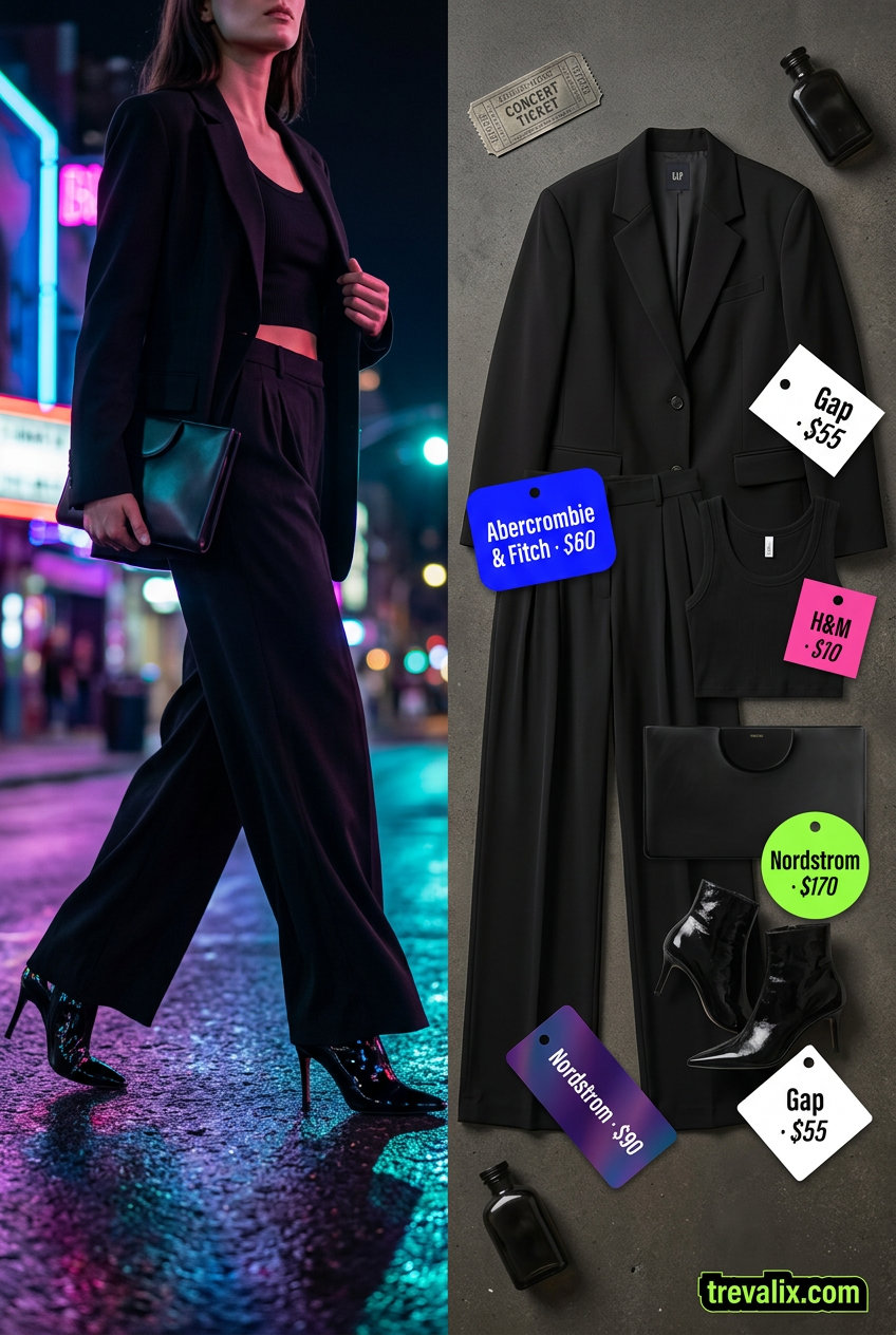All black summer night outfits 2026: Edgy oversized blazer, cropped tank, wide-leg trousers, ankle boots, and clutch for a streetwear-inspired night out.