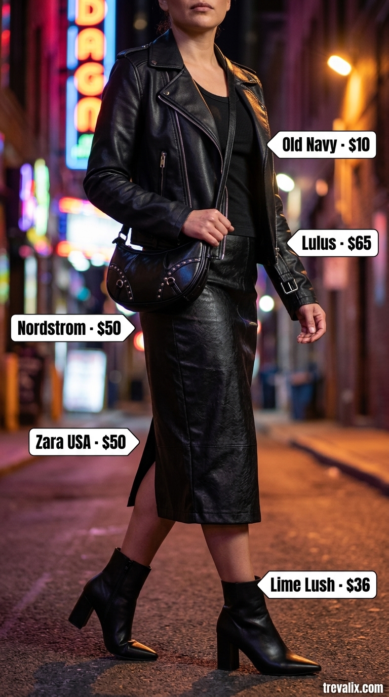 All black summer night outfits 2026: Edgy moto jacket, ribbed tank, faux leather pencil skirt, studded bag, and ankle boots for a cool night out.