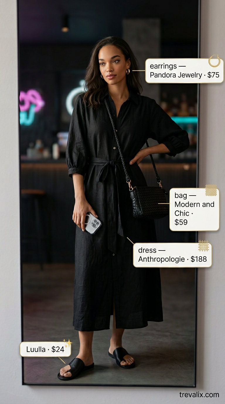All black summer night outfits 2026: Linen shirt dress, slides, woven bag for effortless evening ease.