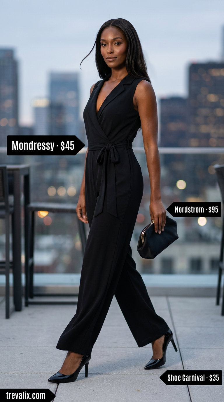 All black summer night outfits 2026: Elegant wide-leg jumpsuit, stiletto heels, satin clutch, and statement crystal earrings for a sophisticated event.