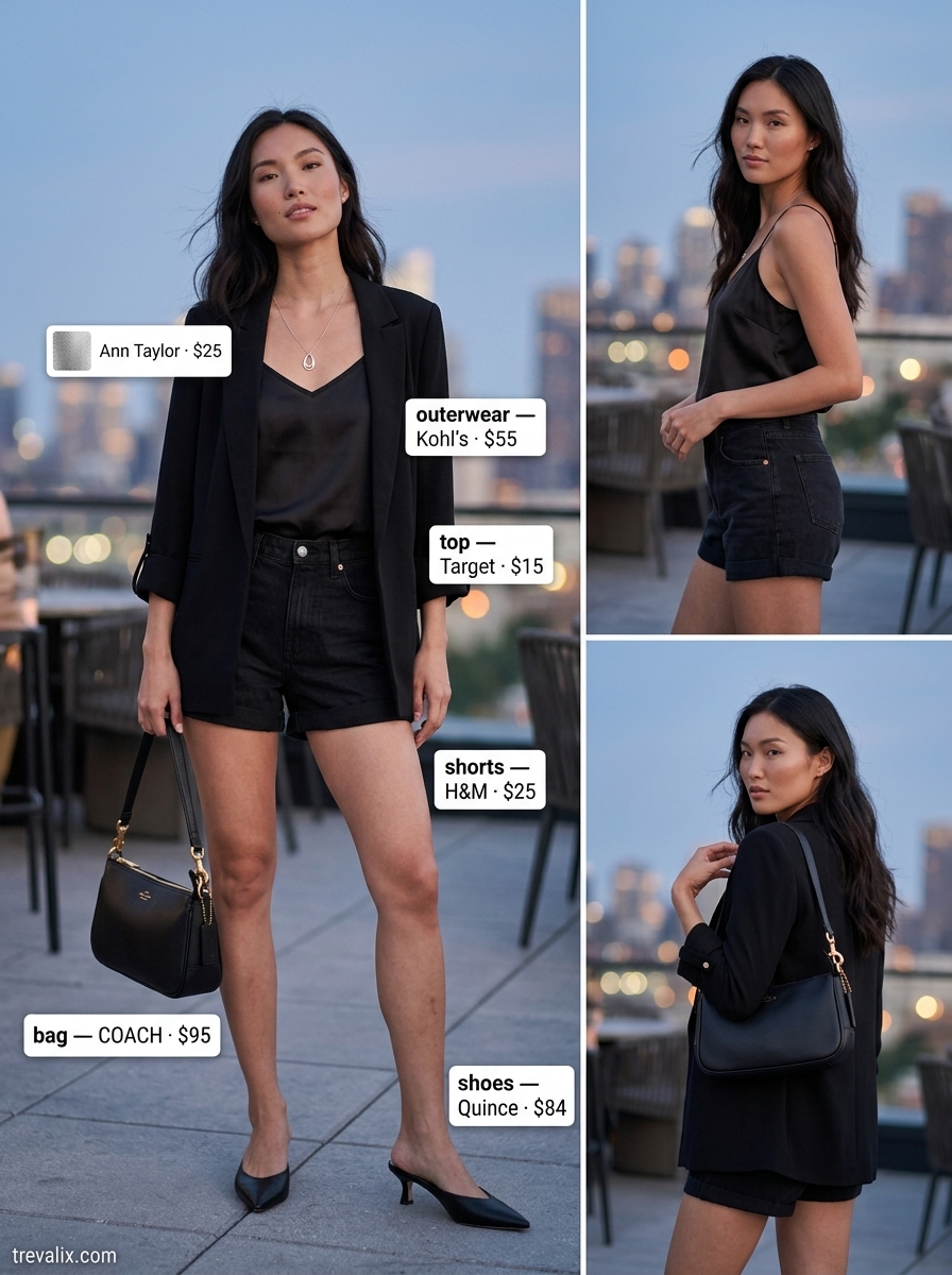 All black summer night outfits 2026: Denim shorts, linen blazer, mules for a chic elevated look.