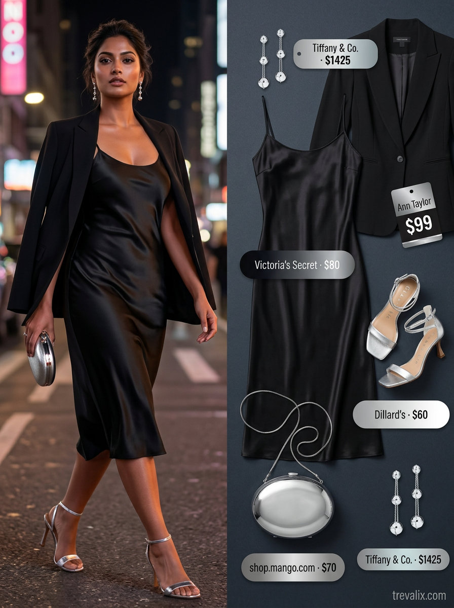 All black summer night outfits 2026: Satin slip dress with silver sandals, clutch, and a black blazer.
