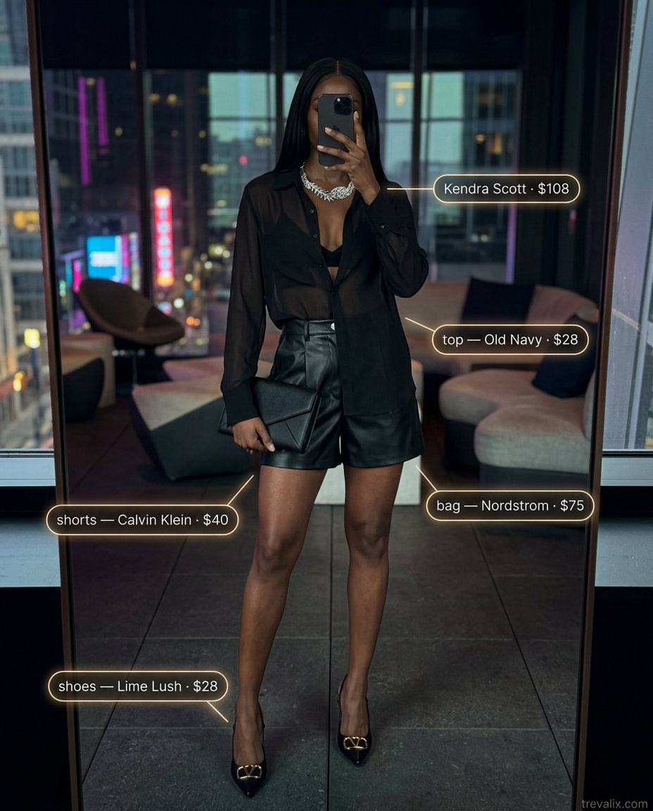 All black summer night outfits 2026: Faux leather shorts, sheer button-down, stiletto heels for an edgy look.