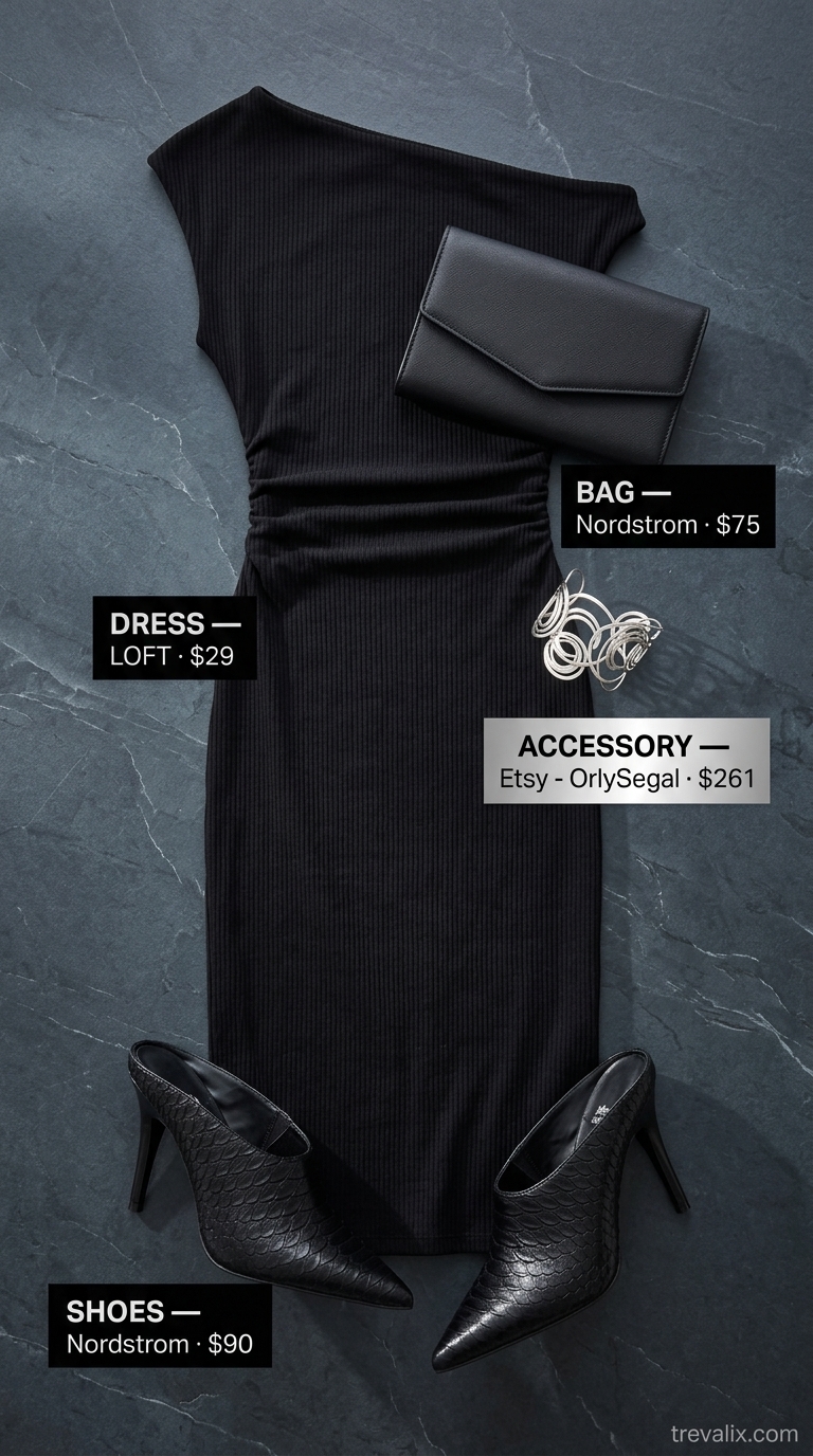 All black summer night outfits 2026: Asymmetrical knit midi dress with a single sleeve, silver cuff, and mules.