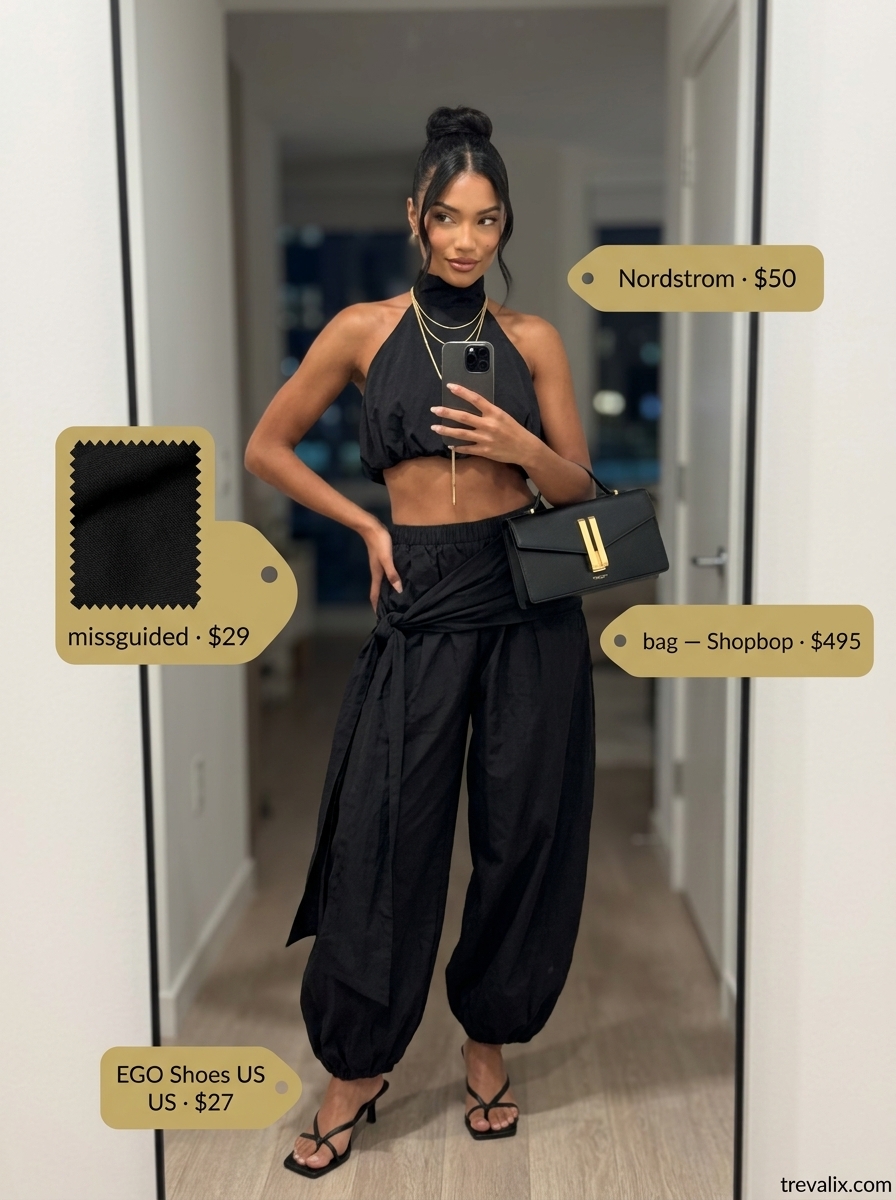 All black summer night outfits 2026: Cropped halter top and wide-leg pants set with gold necklace and heeled sandals.