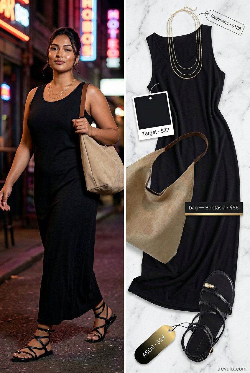 All black summer night outfit 2026: Flowy sleeveless maxi dress with gold layered necklaces and strappy sandals.