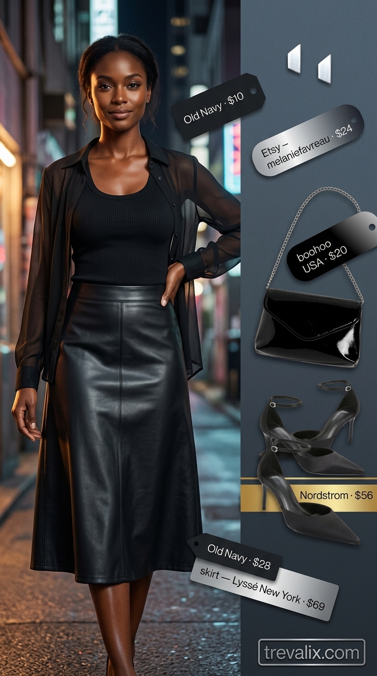 All black summer night outfits 2026: Sheer shirt, vegan leather skirt, stiletto heels for a modern vibe.