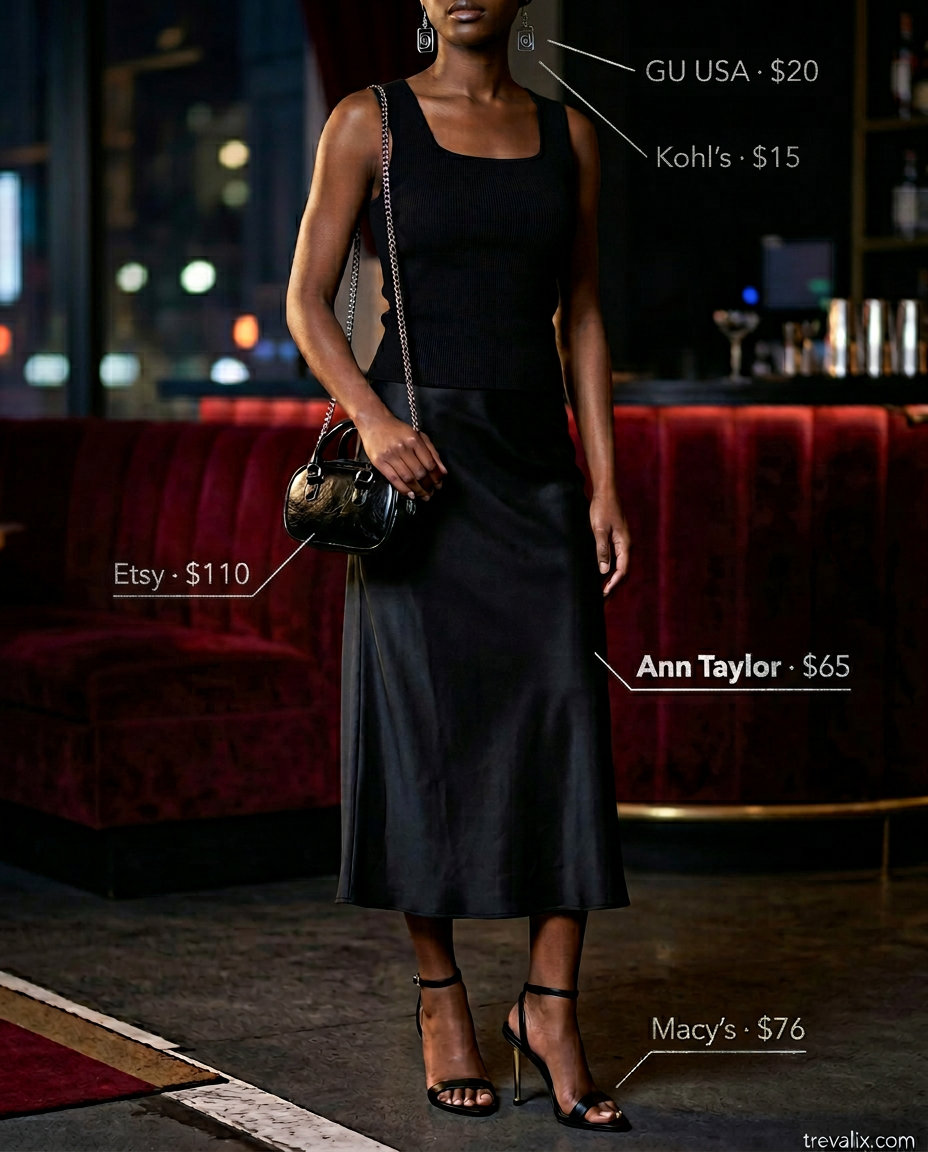 All black summer night outfits 2026: Midi slip skirt, ribbed tank, stiletto sandals for a sleek night out.